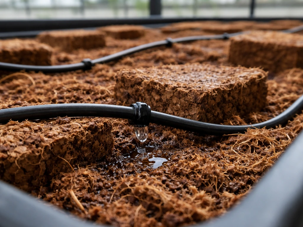Close-up of coco coir root zone with irrigation drip lines and coco blocks in a grow tray