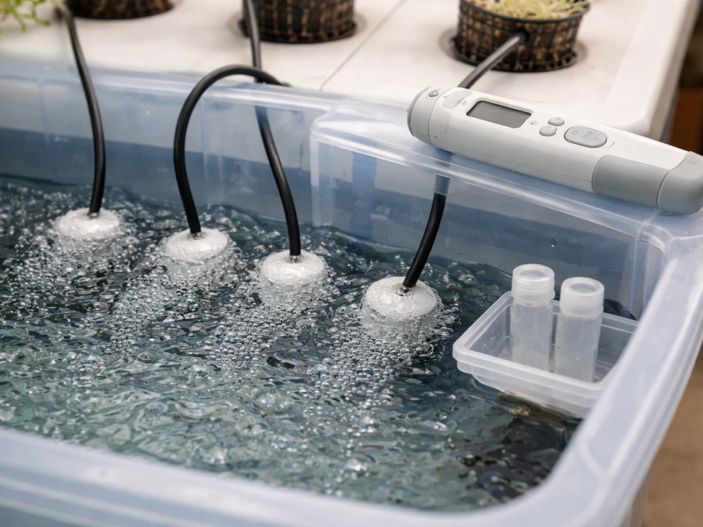 Close-up of a hydroponic DWC reservoir with air stones, nutrient solution, and measurement tools for pH/EC