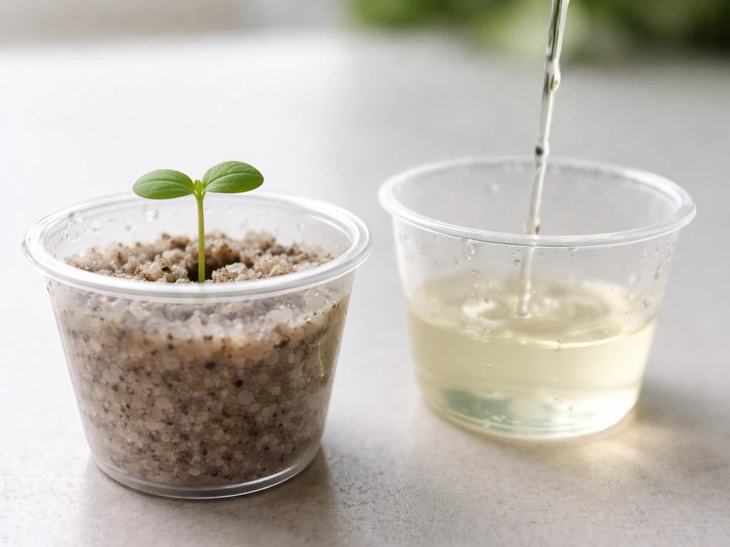 Close-up of a small seedling in a cup while a caregiver pours dilute pH-balanced nutrient solution nearby