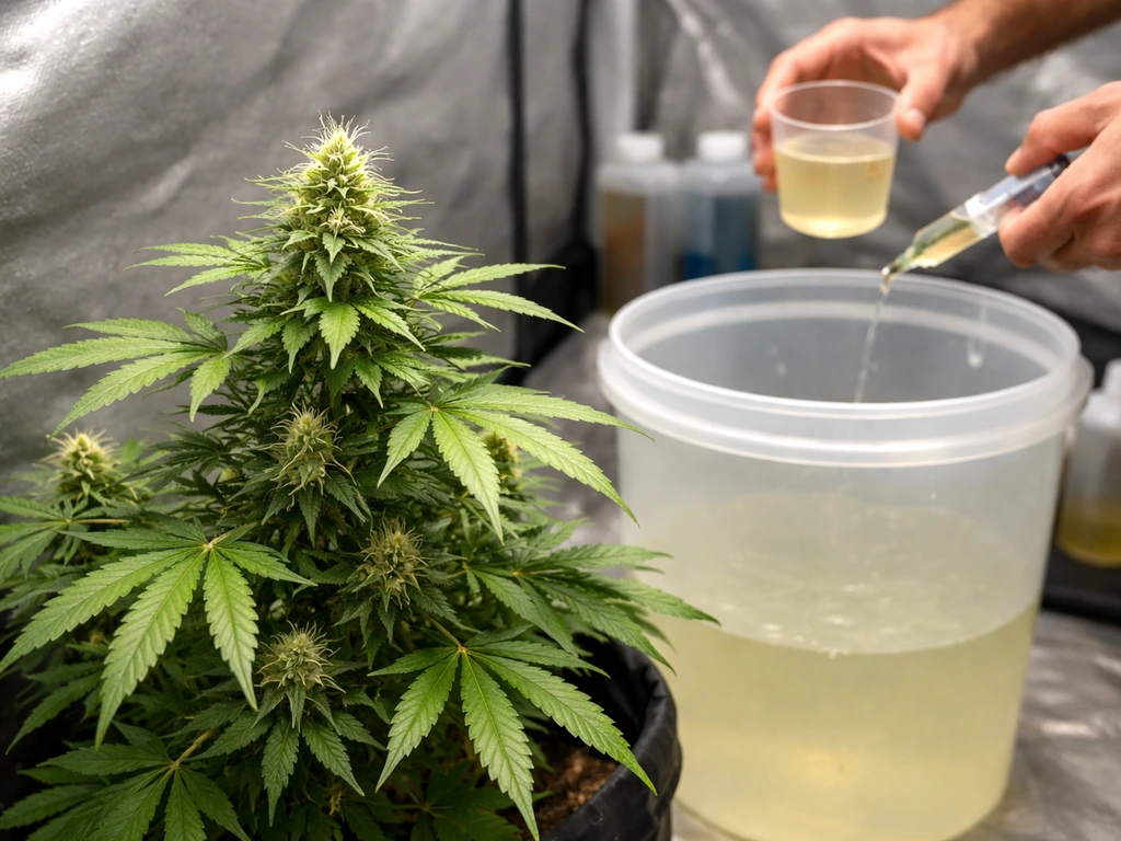 Indoor cannabis plant in early flower with hands mixing pale nutrient solution in a small tank