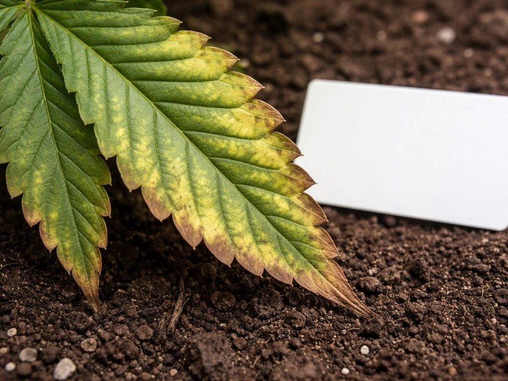 Close-up of a leaf with uneven yellowing beside a blank white reference card in natural light.