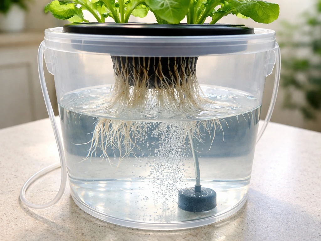 Close-up DWC hydroponic bucket showing healthy roots, air stone, and leafy plant stems in clear water.