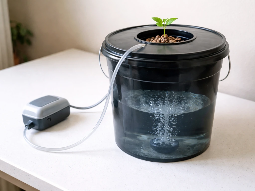 Minimal DWC hydroponic starter: bucket reservoir with air stone bubbles and a net pot seedling.