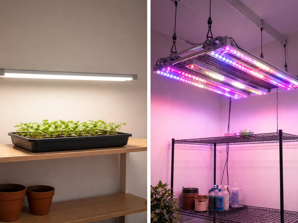 Split-view photo showing a simple seedling grow light setup versus an overcomplicated spectrum-heavy fixture.