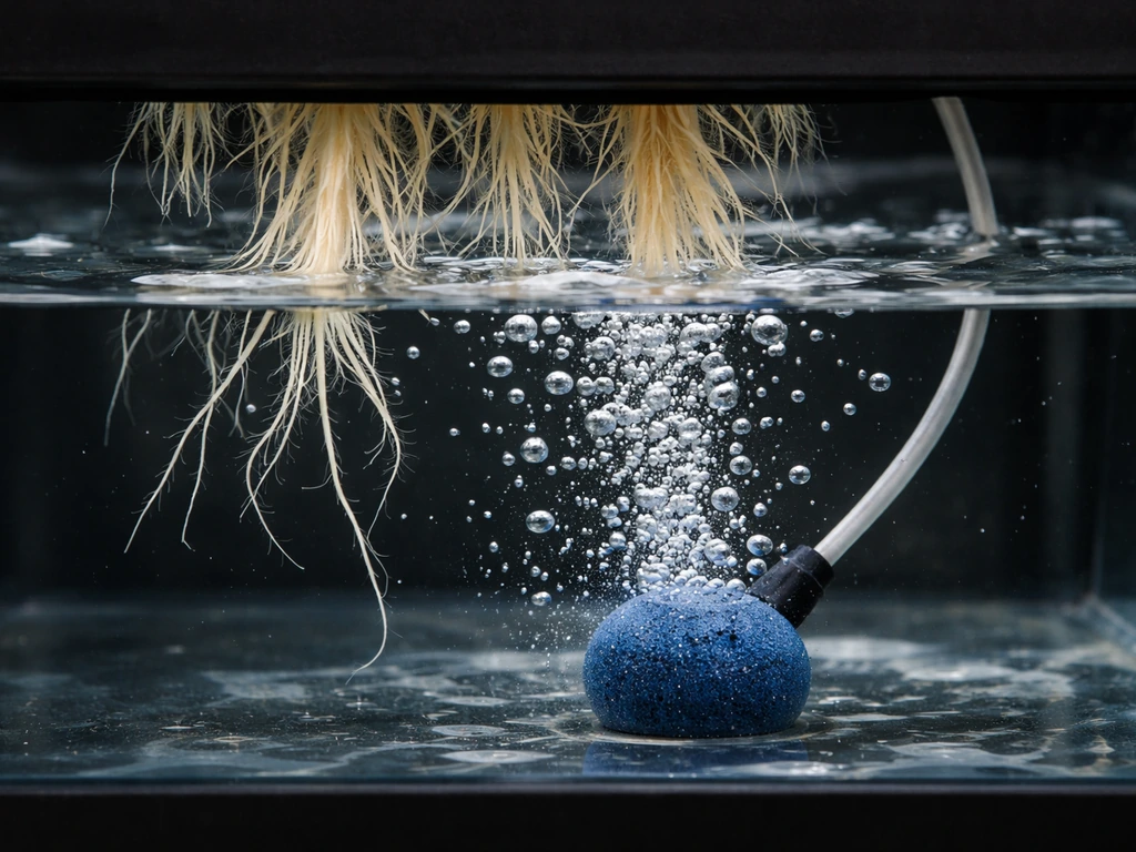 Side view of an air stone bubbling in a hydroponic root zone with clear water and visible roots.