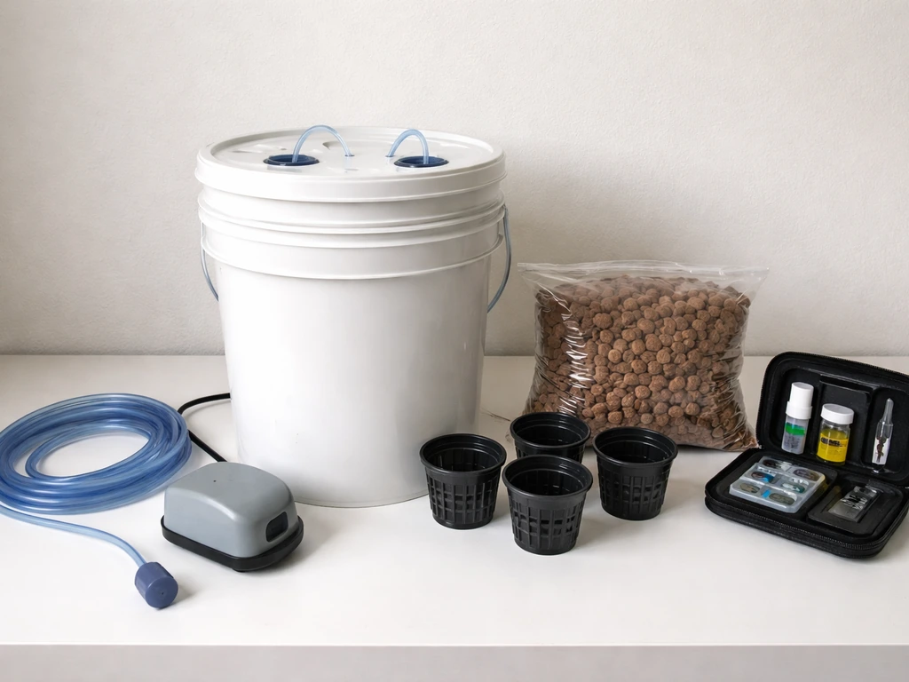 Neatly arranged hydroponics essentials on a table: bucket reservoir, air pump, air stone, net cups, and test items.