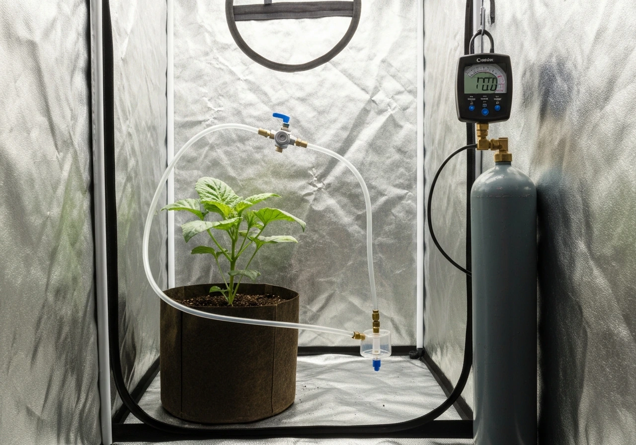 Minimal grow tent with CO2 tubing, regulator, and a CO2 meter next to a single plant.