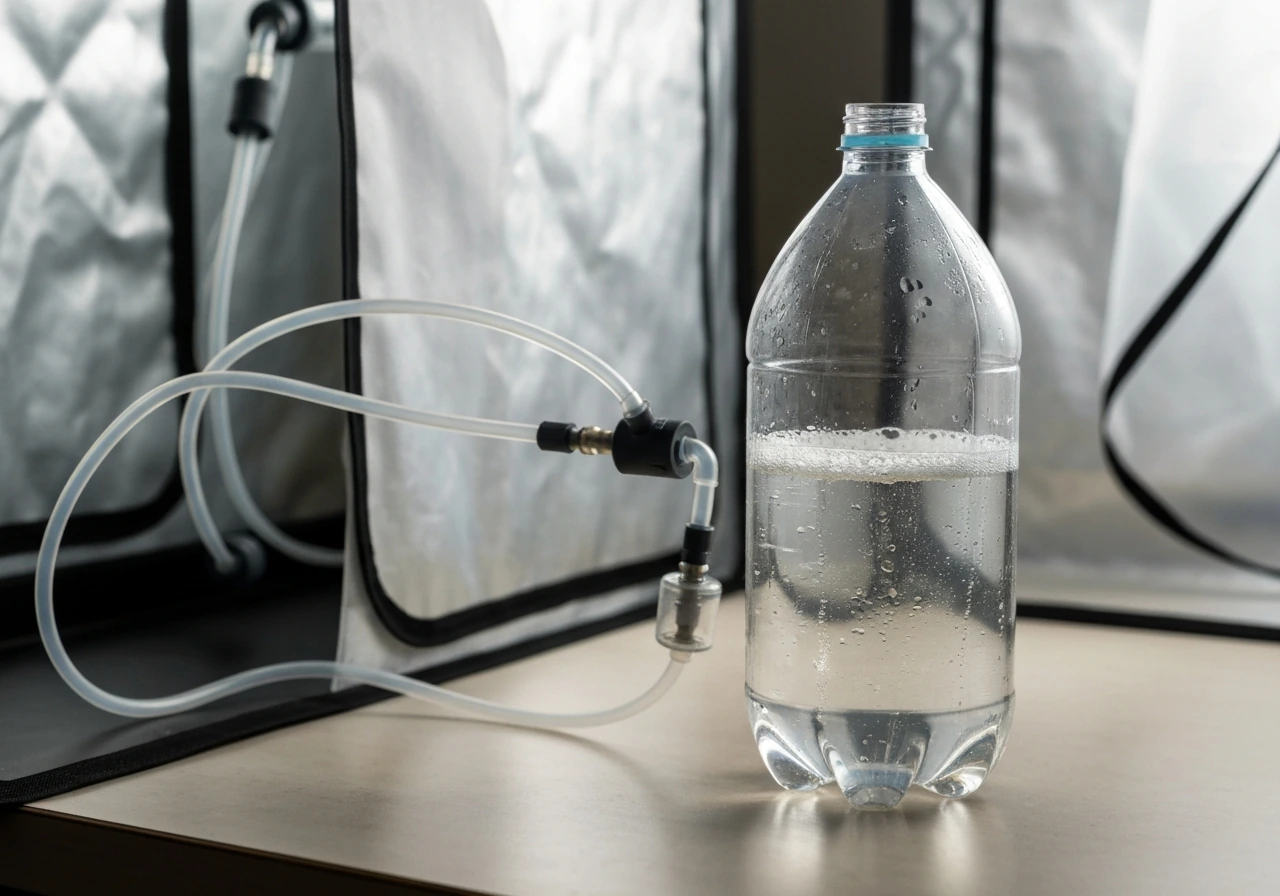 DIY fermentation CO₂ setup with a 2-liter bottle and tubing feeding a grow tent