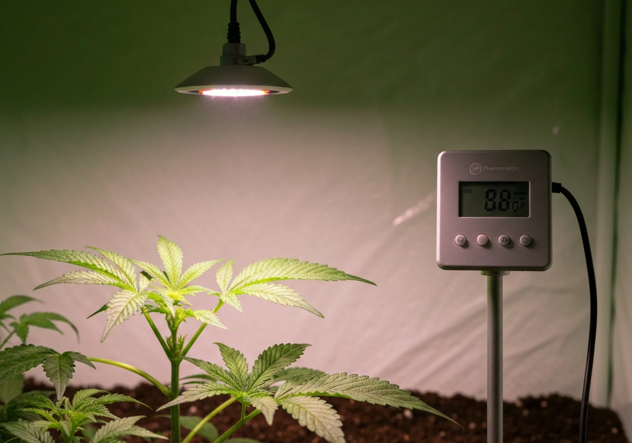 LED grow light over plant canopy with a nearby sensor device monitoring humidity and temperature.