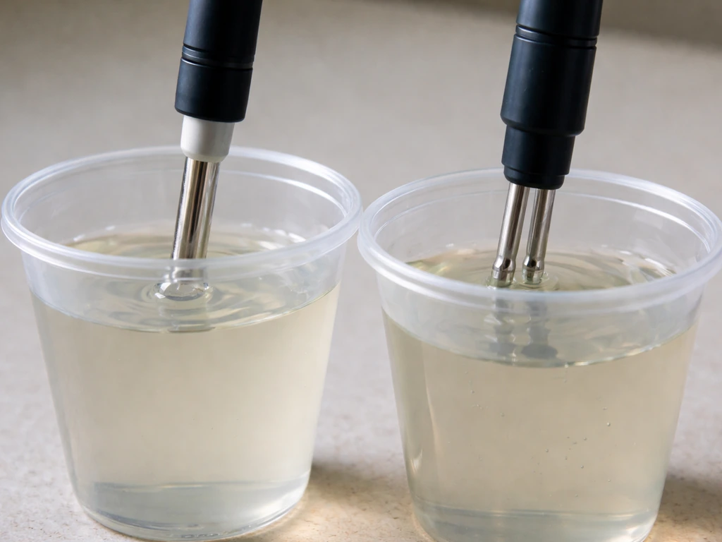 Close-up of pH and EC meter probes in clear sample cups for aquarium nutrient troubleshooting