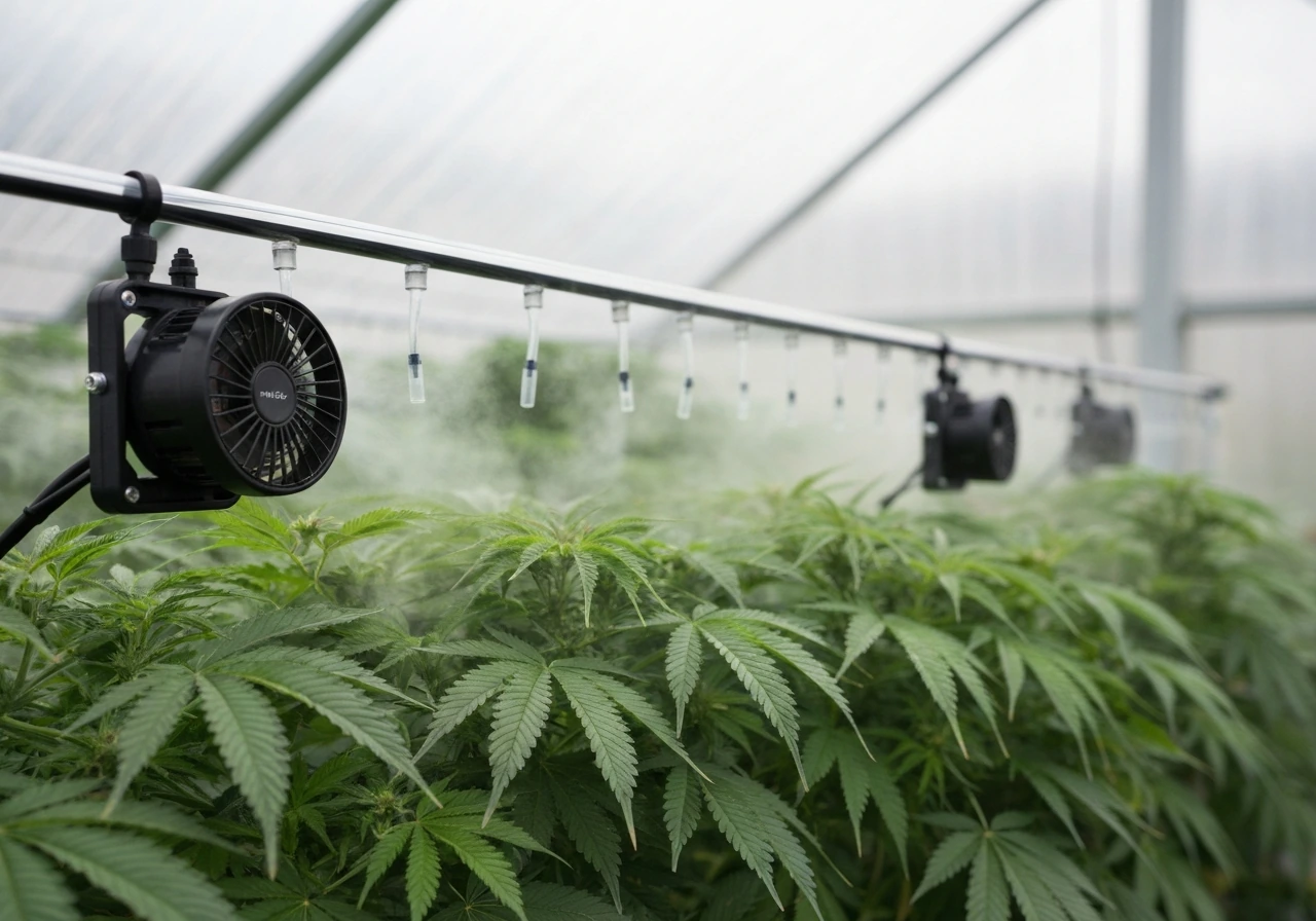 Black greenhouse canopy with CO₂ distribution tubing along the top and small circulation fans pushing airflow through le