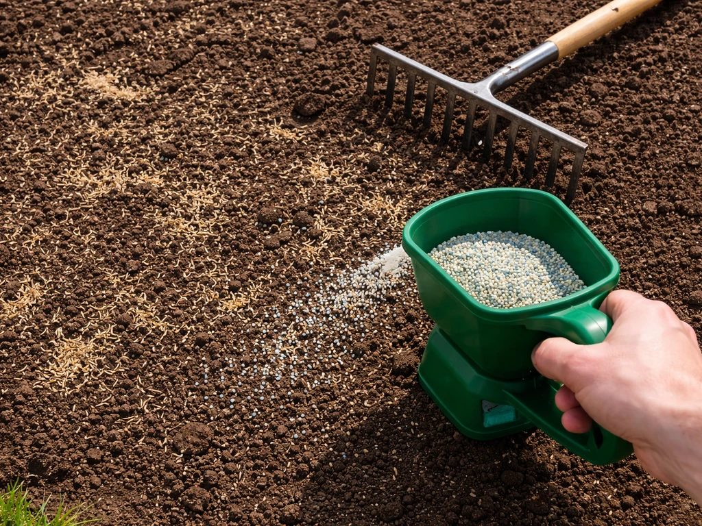 Overhead view of prepared soil with scattered seed; a hand spreads granular throw-and-grow fertilizer and a rake levels
