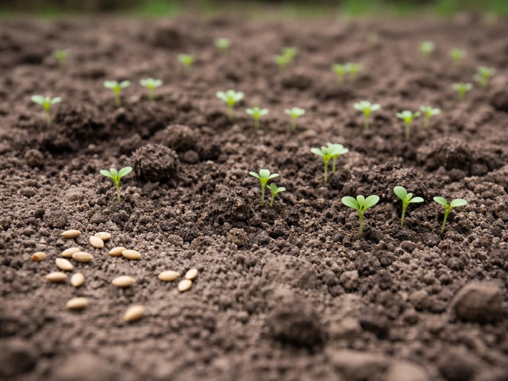 Close-up of tiny seedlings emerging from a prepared seedbed after broadcast sowing.