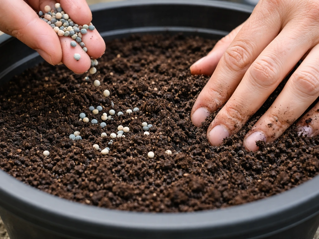 Hands sprinkle granular starter fertilizer onto dark soil in a container pot, then lightly mix it into the top layer.