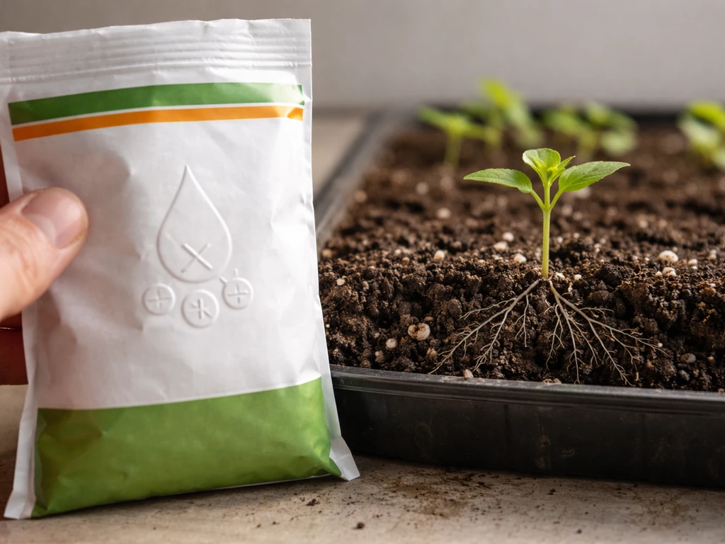Close-up of a unbranded seedling fertilizer package beside a tray showing a seedling’s root zone.