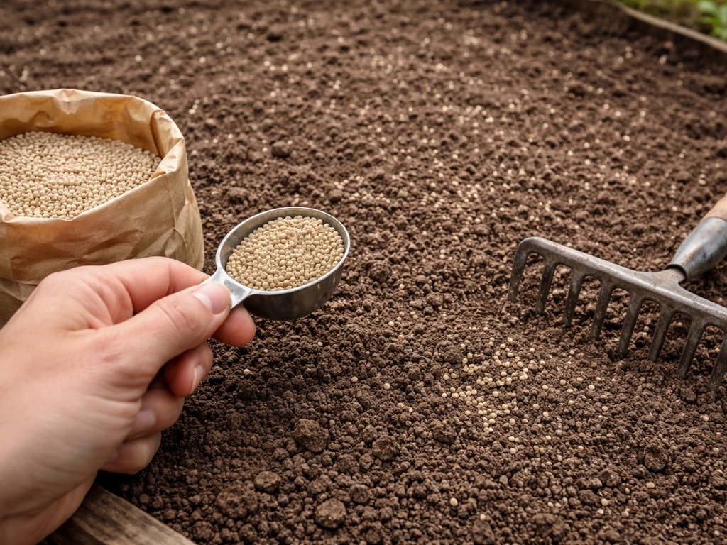 Hand holding a measuring scoop over granular fertilizer, with a rake lightly smoothing topsoil.
