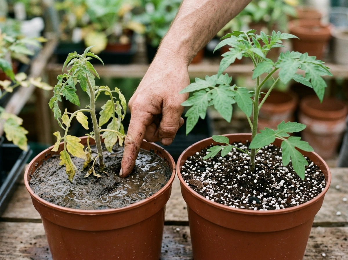Healthy plant vs root rot warning signs in soggy, poorly drained container soil