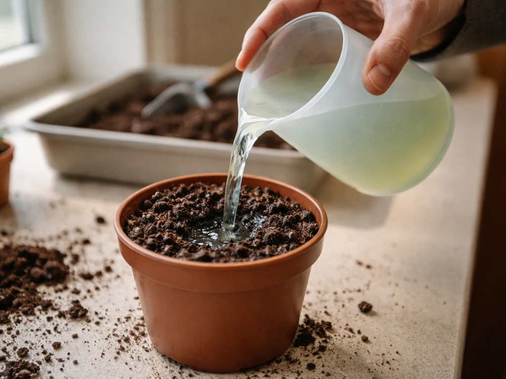 Person pouring prepared nutrient mix into a soil-filled pot, capturing a simple gardening feeding step