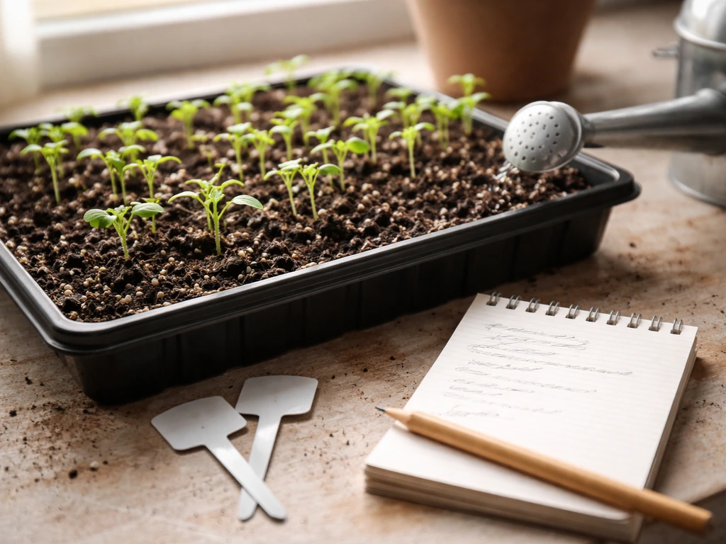 Young seedlings in soil with a watering can in a simple grow setup, minimal and realistic.