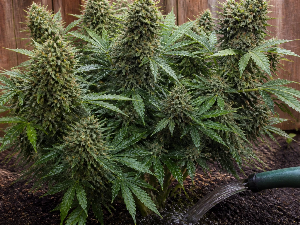 Outdoor cannabis flowering canopy with dense buds as nutrient solution is gently fed from a watering can.
