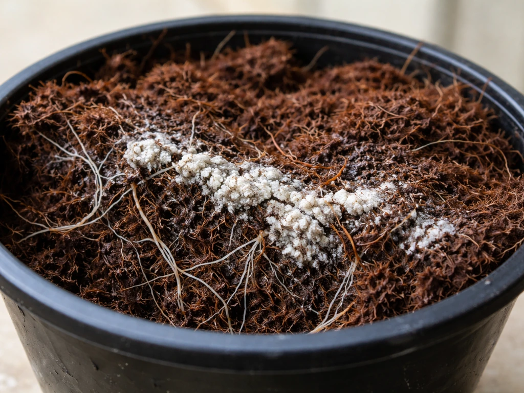 Close-up of coco coir with pale mineral buildup around intertwined root fibers in natural light.