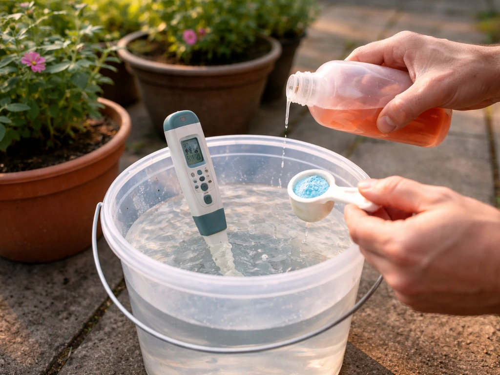 Hands mixing bloom nutrient in a bucket outdoors while a pH/EC meter displays readings.