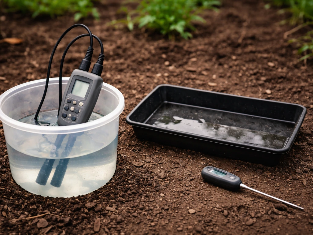 Outdoor irrigation container with pH/EC meter and thermometer beside a runoff collection tray.