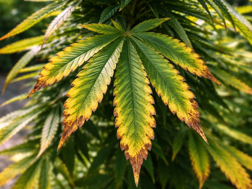 Outdoor flowering plant leaves with potassium deficiency—older fan leaves show yellowing and scorched margins.