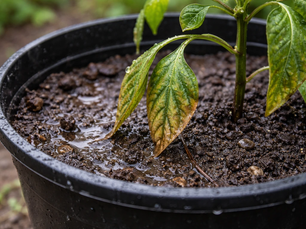 Rain-splashed container soil with nearby foliage showing nutrient deficiency from pH swing and lockout