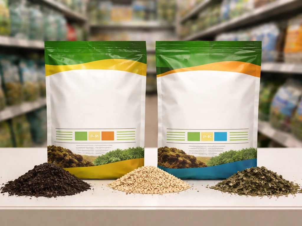 Close-up of organic fertiliser bags on a store shelf with ingredient-like piles beside them.