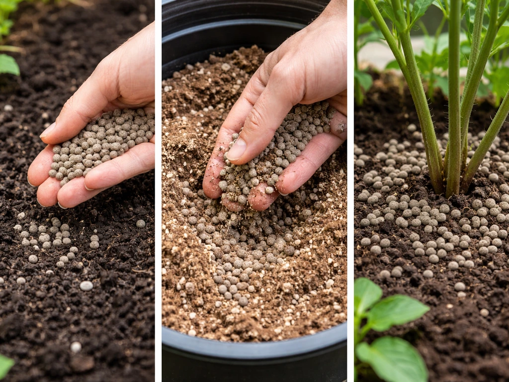Three-panel close-up showing pellets mixed into garden soil, potting mix, and scattered as top-dressing.