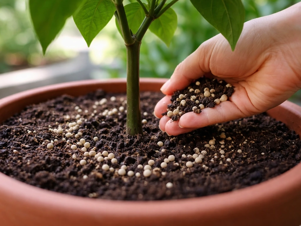 Hand top-dressing an established potted plant with small fertilizer pellets and worm castings.