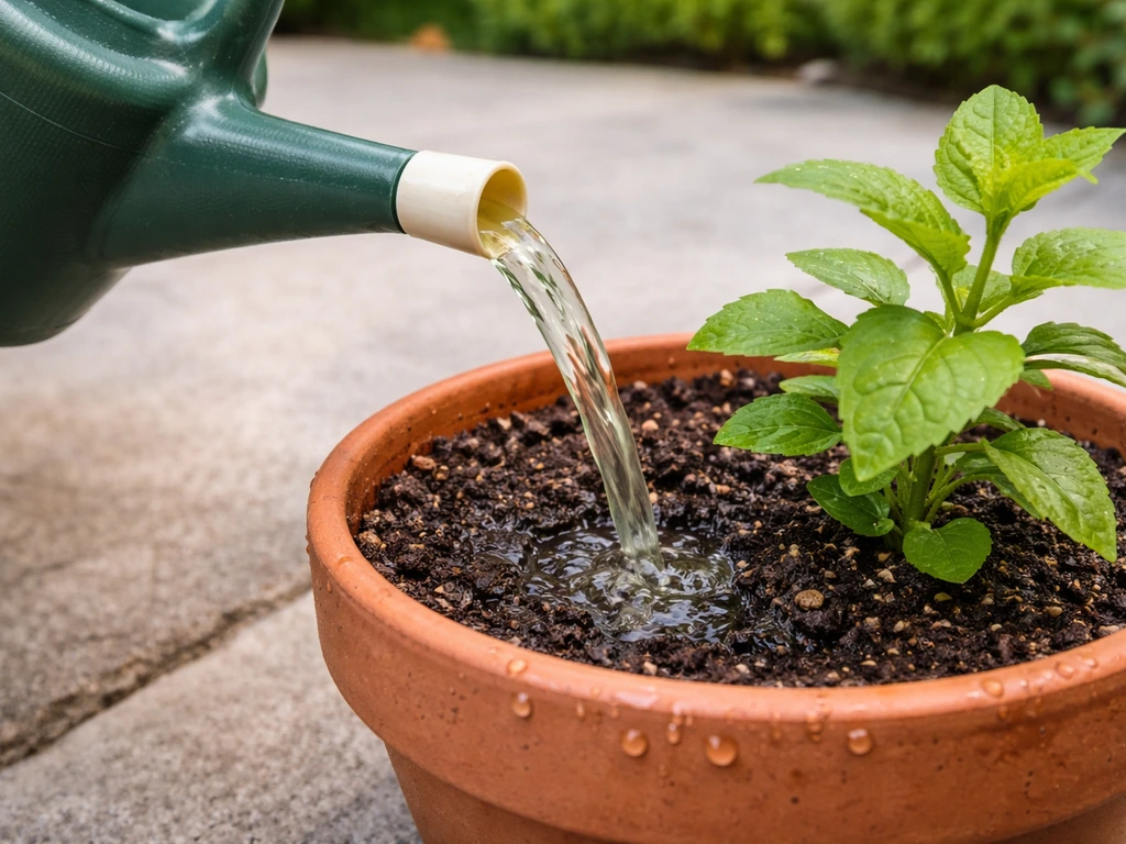 Watering can pouring diluted green organic fertilizer into pot soil during liquid feeding.