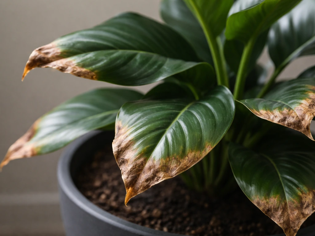 Close-up of green plant leaves with crispy, browned edges suggesting leaf tip burn