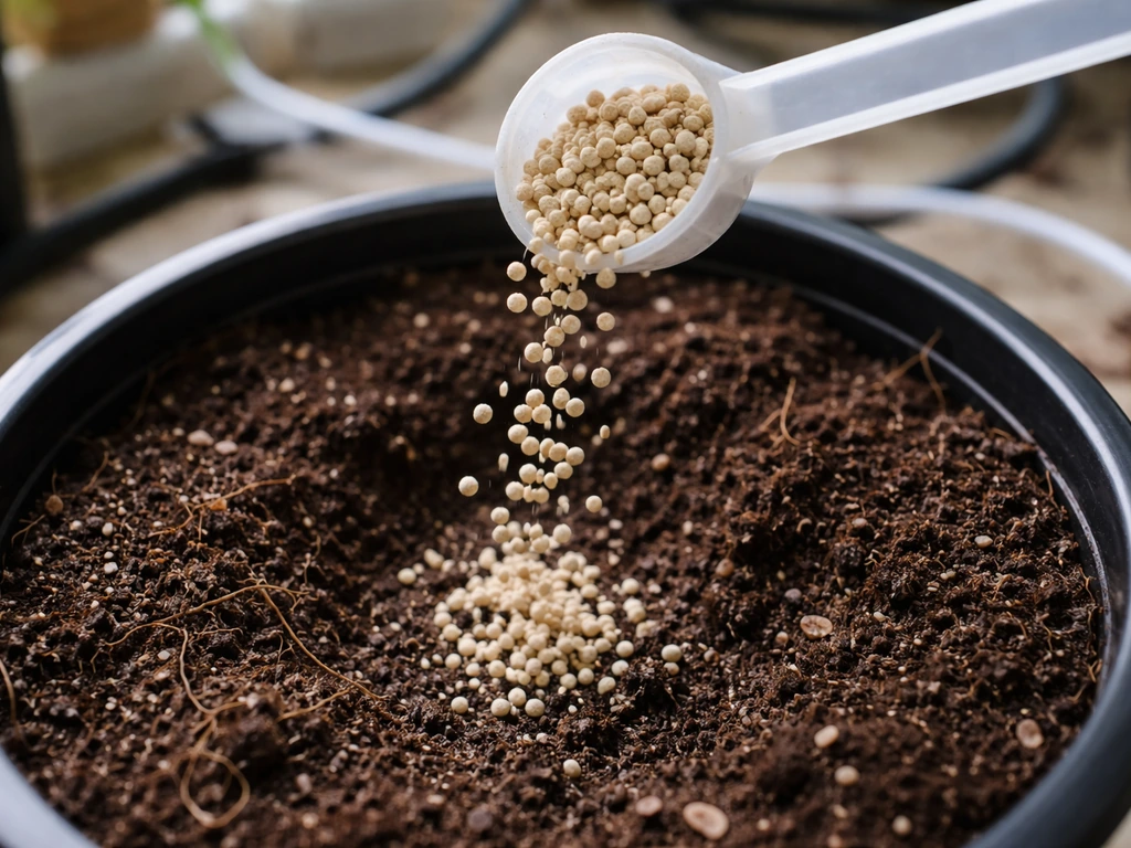 Top-down close-up of granules and a dosing scoop over soil in plant pots with faint hydroponic tubing behind.