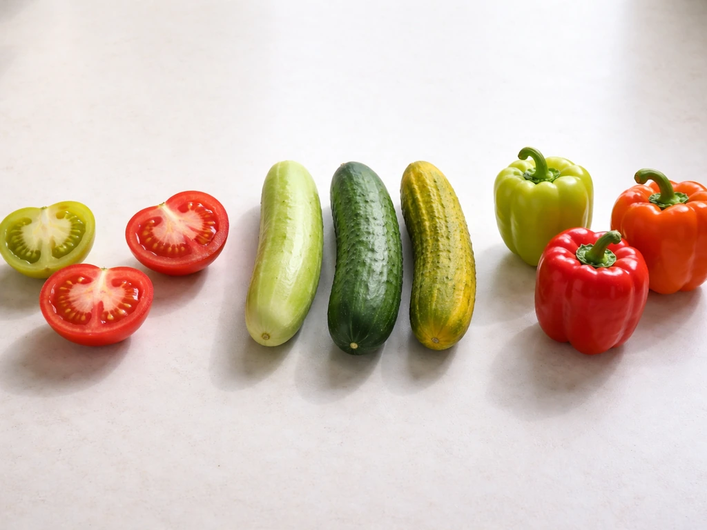 Three tomato, cucumber, and pepper examples showing under-ripe, ready, and over-ripe harvest cues