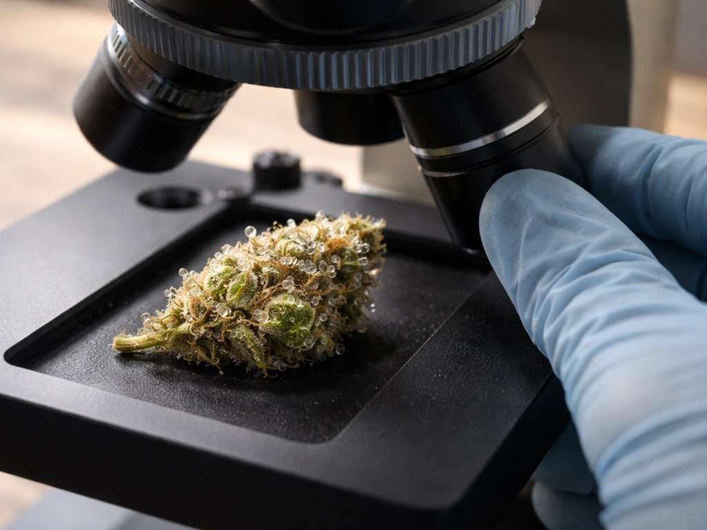 Close-up through a microscope of trichome heads on a bud showing clear, cloudy, and amber-like stages.