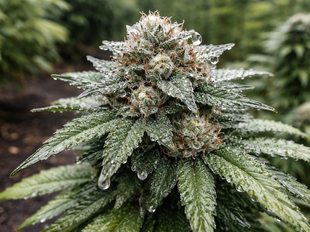 Close-up of wet cannabis flowering buds outdoors with condensation, suggesting late-season mold risk.