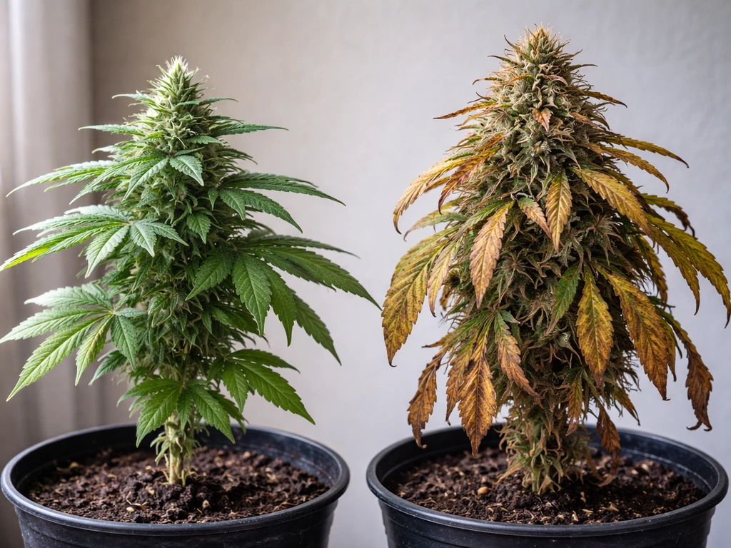 Two cannabis plants in different stages: one overripe and one underripe, side-by-side to show bad harvest timing
