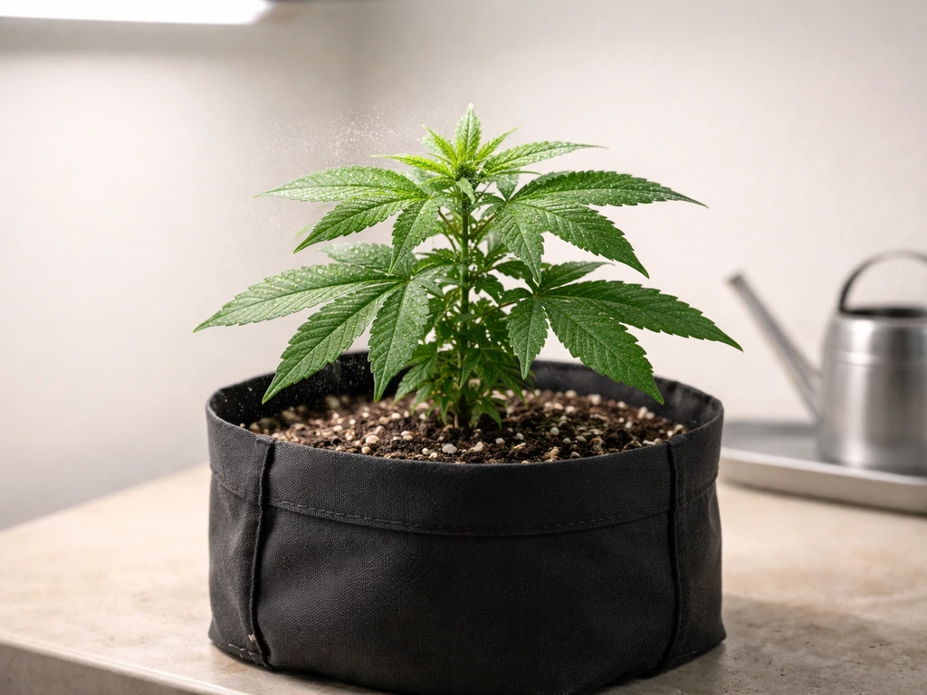 Healthy young autoflower in a fabric pot under indoor grow lights with a simple beginner setup