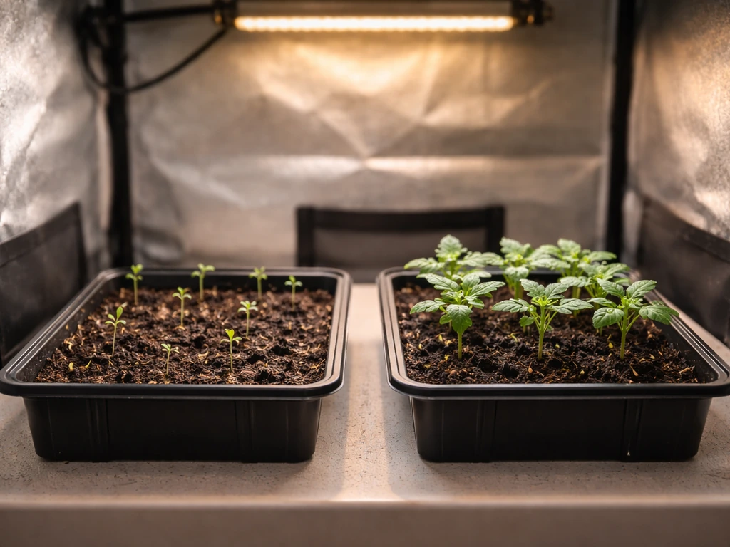 Split trays inside a simple grow tent showing sprouted seedlings and more developed autoflower growth.