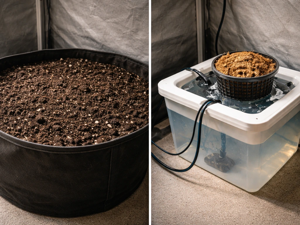 Split view of indoor soil grow in a fabric pot beside coco/hydro reservoir and net pot.