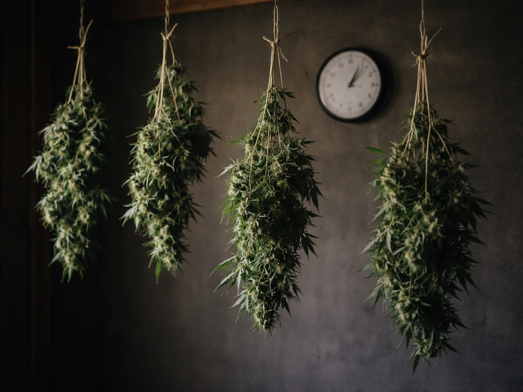 Drying plant branches hanging in a dark room beside a visible humidity/temperature gauge.