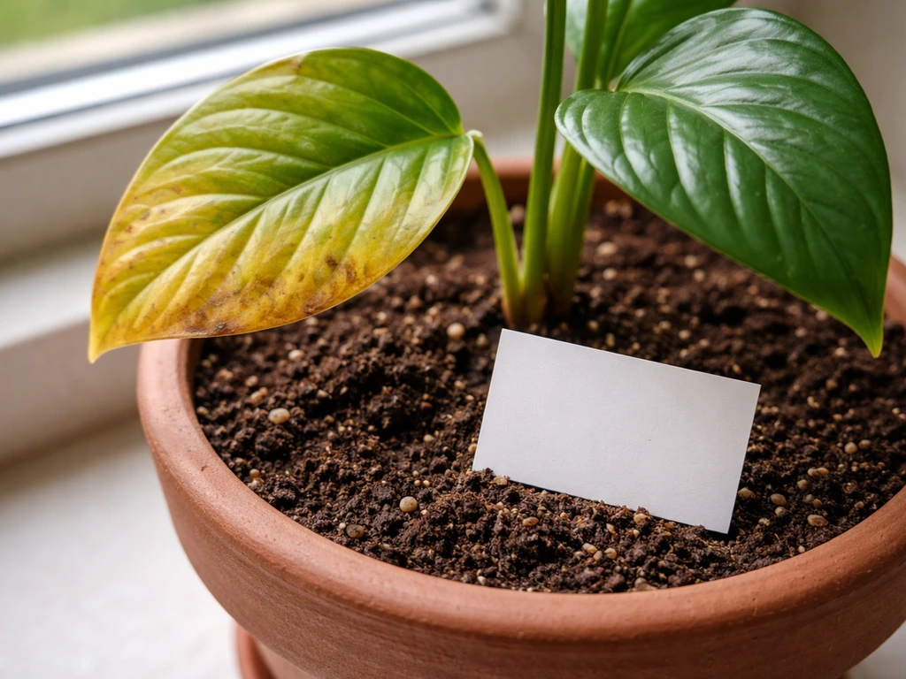 Close-up of a potted houseplant showing a yellowing lower leaf beside a healthy leaf in bright natural light.