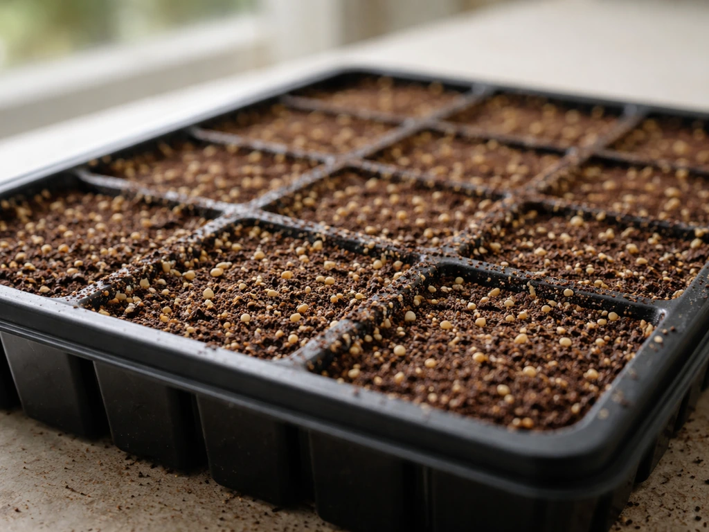 Close-up of a seed-raising tray with evenly spaced seeds and fine, moist growing mix—no seedlings yet.