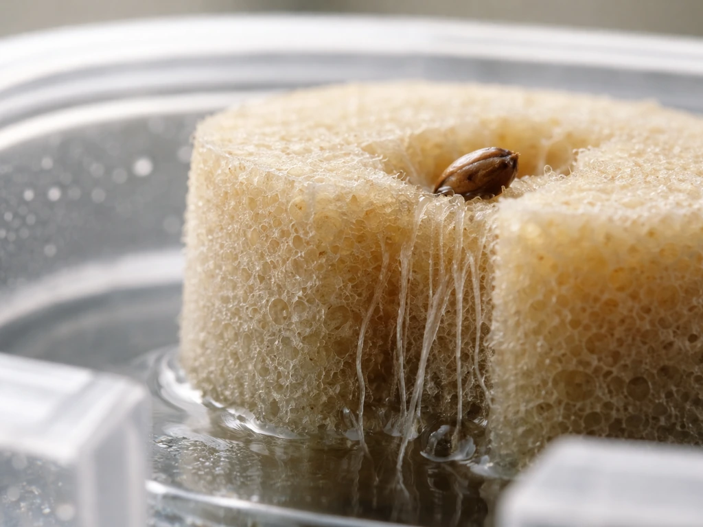 Macro view of a porous grow sponge in a clear reservoir wicking moisture toward a seed at depth