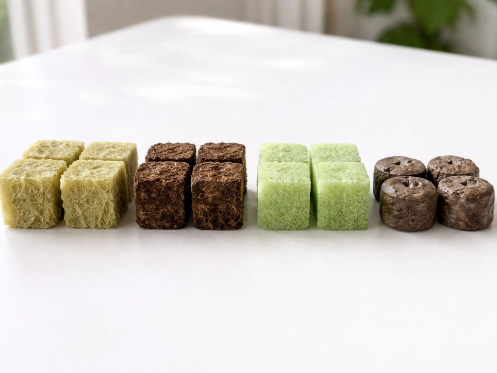 Four hydroponic propagation media types arranged side-by-side on a white table showing distinct textures.
