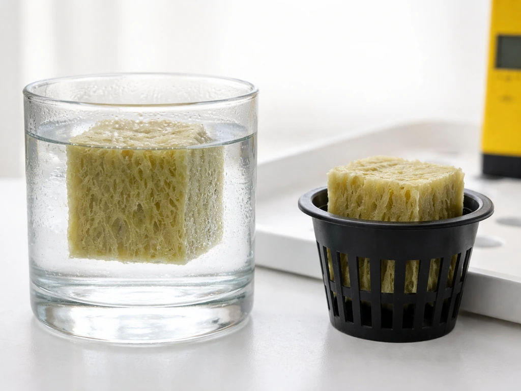 Rockwool cube submerged in pH-adjusted water, then placed into an Aerogarden-style basket for seeding