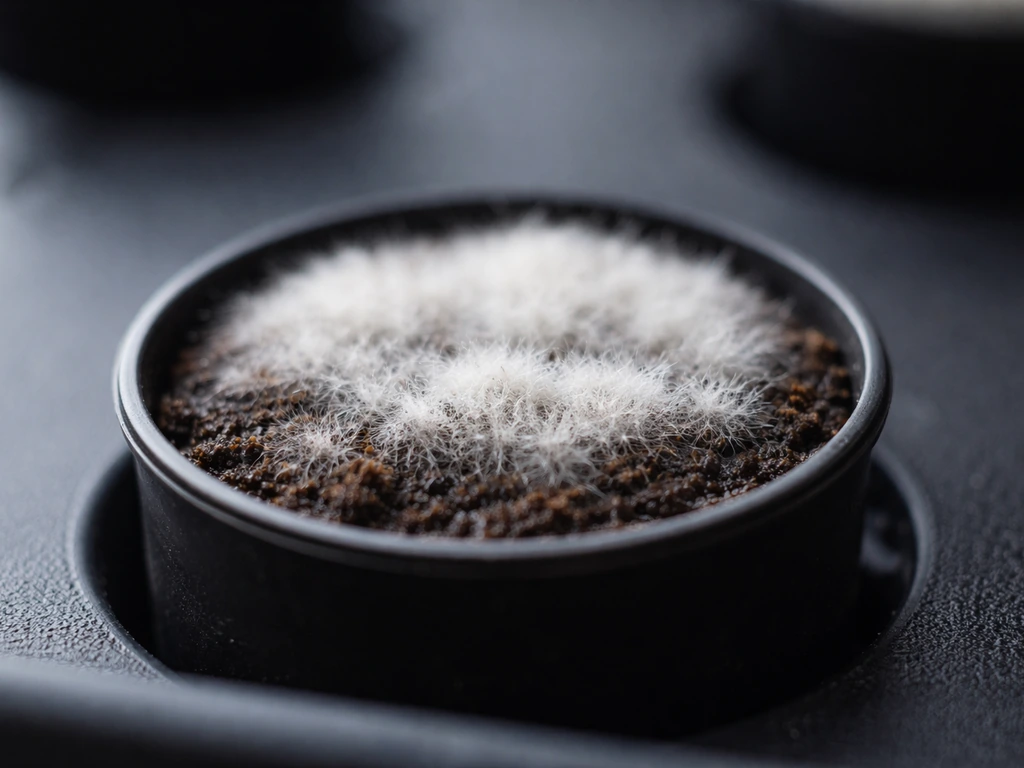 Close-up of white fuzzy mycelium on the surface of a germination tray pod, with dark, damp soil beneath.