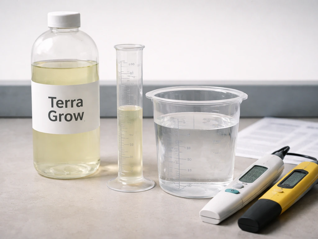 Nutrient mixing station with Terra Grow bottle, measuring cylinder, EC/TDS meter and pH meter over grow notes